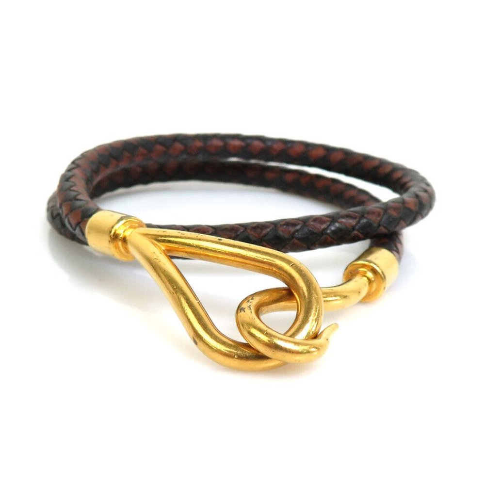 Auth HERMES Jumbo Bracelet Choker Necklace Black/Brown/Gold Leather - e56915a